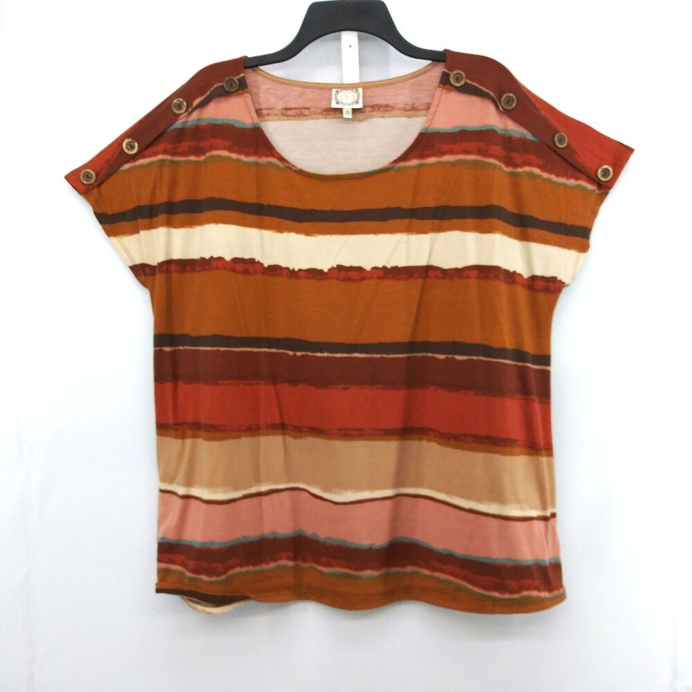 Truself Shirt Women Plus Size 2X Multicolor Striped Cap Sleeve Button Accent Top